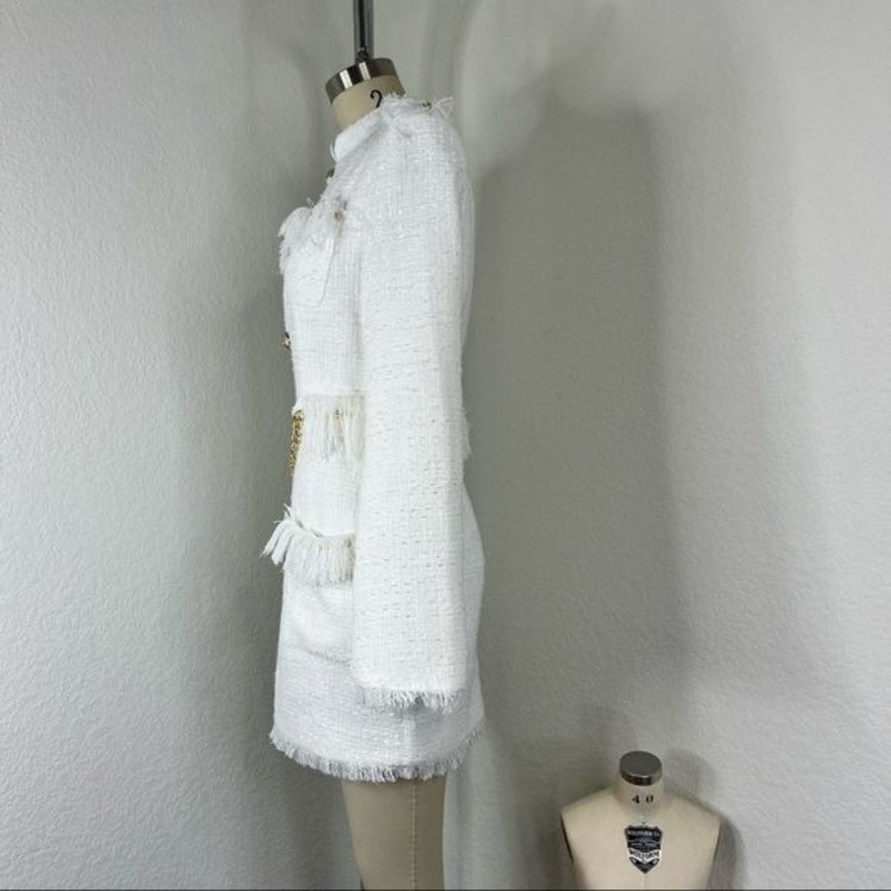 Luxdress Chunky Chain Fringe Button Front Long Sleeve Tweed Mini Dress - Picture 5 of 10